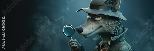 Detective wolf with magnifying glass in fog, concept of mystery and investigation, evoking themes of sleuthing and crime solving photo