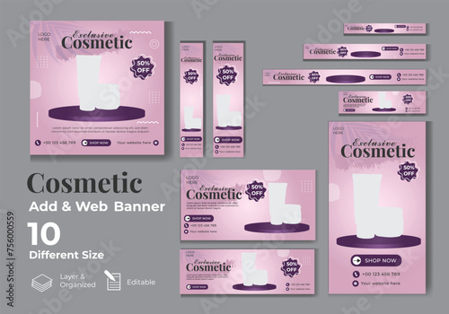 Cosmetics Business Web Ads banner template set for marketing and promotion—skin care product promotion template for beauty brand organic product.