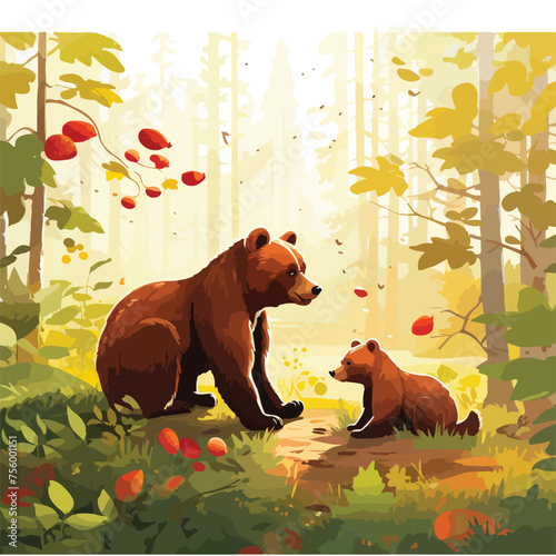 A family of bears foraging for berries