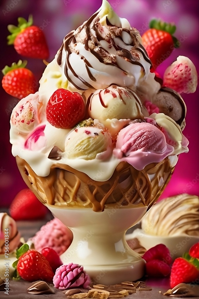 Explosion of delicious ice cream flavors bursting out from the center of the ice cream with creamy scoops of vanilla, chocolate, and strawberry,designing for commercial food advertising company Explosion of delicious ice cream flavors bursting out from the center of the ice cream with creamy scoops of vanilla, chocolate, and strawberry,designing for commercial food advertising company