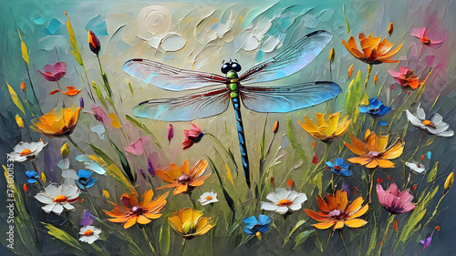 delicate beautiful wildflowers in the meadow and dragonfly painted with oil paints. bright summer background.