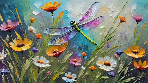 delicate beautiful wildflowers in the meadow and dragonfly painted with oil paints. bright summer background.