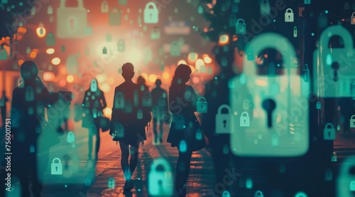 A group of business people in silhouette with digital padlocks and data points around them Generative AI