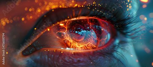 A mesmerizing close-up of a woman's eye, adorned with stars, glowing light, and ethereal aether clouds, creates a captivating cosmic wonder and a sense of ethereal beauty.