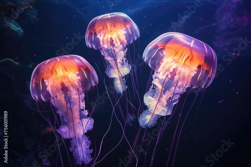 Colorful jellyfish swimming underwater. Aurelia jelly fish on blurred dark background. Beautiful marine life, save ocean. World ocean day © ratatosk