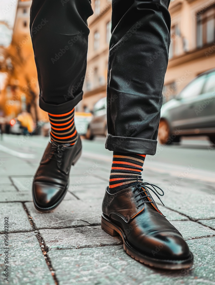 Happy hipster in the city, close-up of legs in bright striped socks and black leather shoes Happy hipster in the city, close-up of legs in bright striped socks and black leather shoes