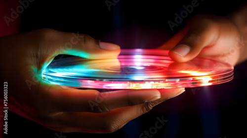 Man's Hand Emerging from Blur Holding Classic Compact Disk; A Nostalgic Impression of Digital Storage Medium Reflecting Light