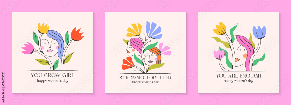 Girly vector illustrations with calm woman faces;stylish print for t shirts;posters;cards and banners with flowers.Feminism quote and woman motivational slogans.Women's day concepts.