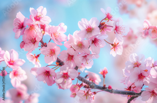 Spring landscape with pink cherry blossoms on the background of bright blue sky