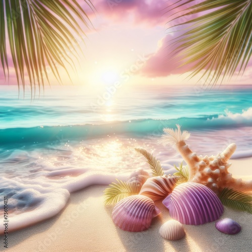 Relaxing paradise view with exotic seashells on white sand with turquoise waves and tropical palm leaf in the sunrise rays in soft pale pastel violet pink tones