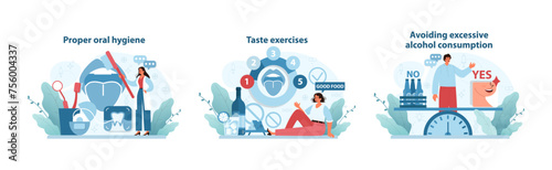Taste Care Techniques set. Illustrations promoting dental hygiene, sensory training.
