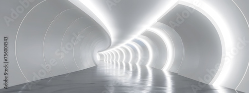 Empty 3D room with a white background, featuring a futuristic technology tunnel stage floor. Abstract space corridor with a silver road element creates a captivating and modern interior scene.