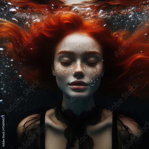 Nice young redhead girl underwater portrait made by artificial intelligense photo