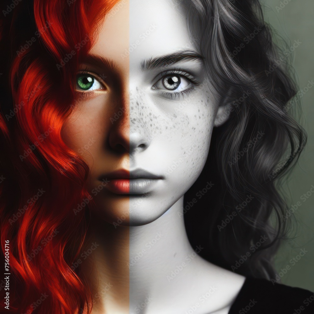 Nice combind black and white painted draw portrait of young redhead girl with green eyes close up maked with artificial intelligence Nice combind black and white painted draw portrait of young redhead girl with green eyes close up maked with artificial intelligence