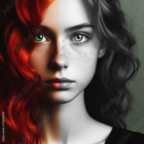 Nice combind black and white painted draw portrait of young redhead girl with green eyes close up maked with artificial intelligence 