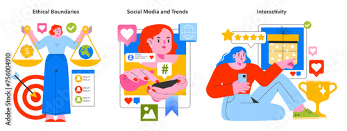Momentary Marketing trio. Vector illustration