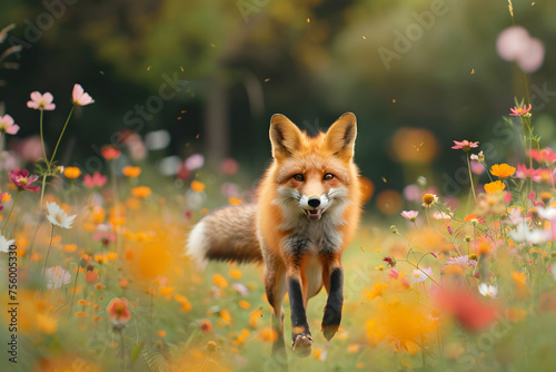  a playful fox pouncing through a field of wildflowers, its bushy tail swishing with excitement photo
