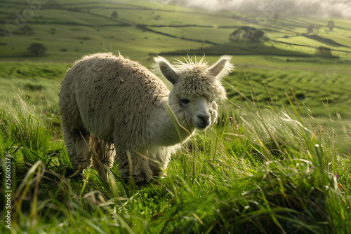  a smiling alpaca grazing in a lush green field, its fluffy coat blowing in the breeze as it munches on grass