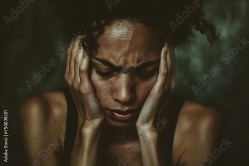 the emotional toll of chronic pain, with a person expressing frustration, sadness, or fatigue while managing their condition  photo