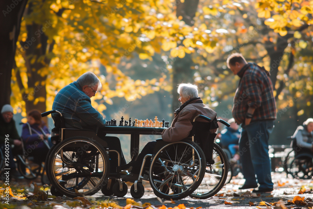 Men in a wheelchair playing chess in park. Men in a wheelchair playing chess in park.
