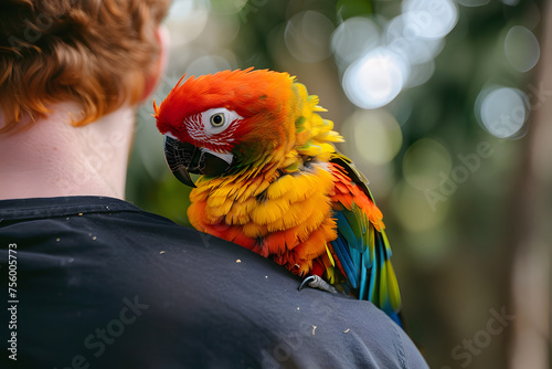 a cheerful parrot perched on its owner's shoulder, squawking happily as it preens its colorful feathers photo