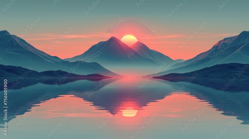 Japanese sunset art. Sunset over a serene lake surrounded by majestic mountains