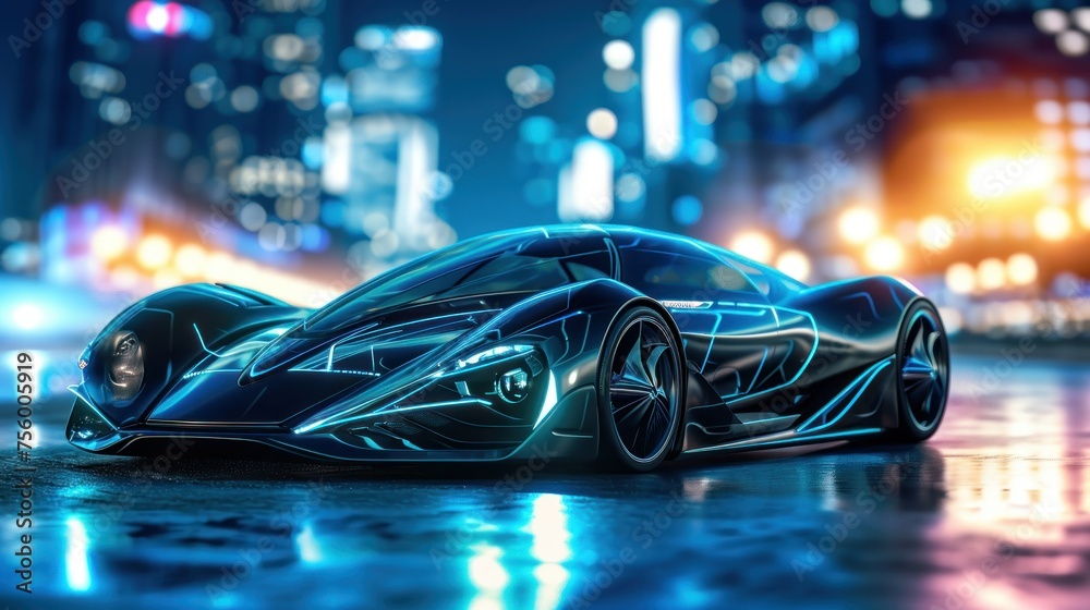 Conceptual image of a futuristic sports car in the city.