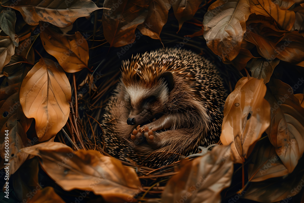 Fototapeta premium a contented hedgehog curled up in a cozy nest of leaves, snuffling softly as it dozes peacefully