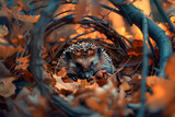 a contented hedgehog curled up in a cozy nest of leaves, snuffling softly as it dozes peacefully