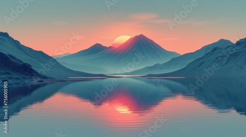 Japanese sunset art. Sunset over a serene lake surrounded by majestic mountains © KrikHill