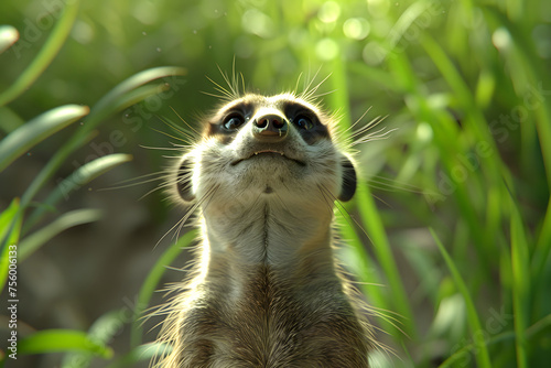 a delighted meerkat standing upright to scan its surroundings, its whiskers twitching with anticipation photo