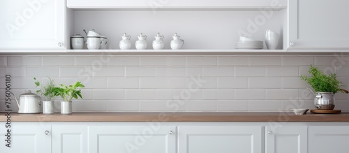 modern white kitchen furniture with tea accessories on a counter. traditional clean kitchen. vertical view