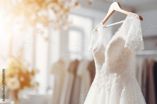 White wedding dresses on hangers in bridal shop - elegant luxury gowns for bride