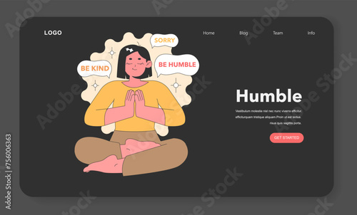 Serene vector portrayal of a meditative figure with kind words, illustrating the virtue of humility in a soothing color palette and gentle design