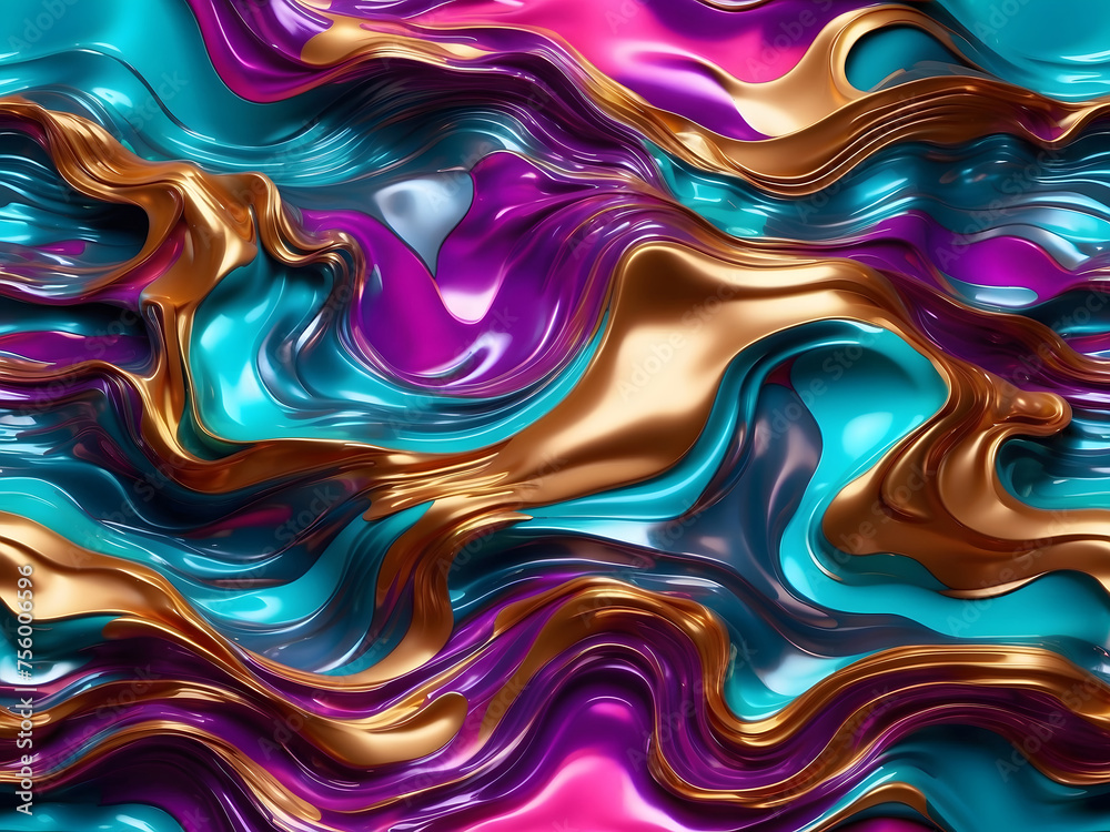 Fototapeta premium Holographic liquid metallic waves abstract background design.