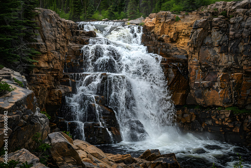 a majestic waterfall cascading down a rocky cliff  its thunderous roar echoing through the forest as it feeds the land with fresh water