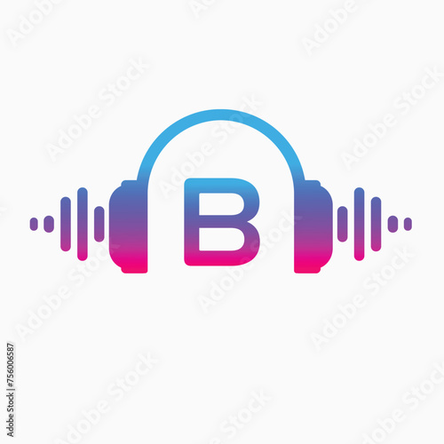 B letter Headphones with sound wave with Pulse music player element. Logo template electronic music, equalizer, store, dj, nightclub, disco. Audio wave logo concept, Abstract Shape vector