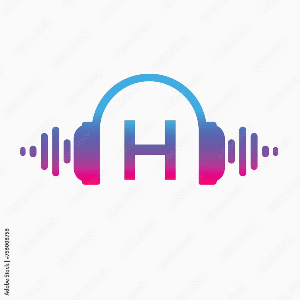 H letter Headphones with sound wave with Pulse music player element. Logo template electronic music, equalizer, store, dj, nightclub, disco. Audio wave logo concept, Abstract Shape vector