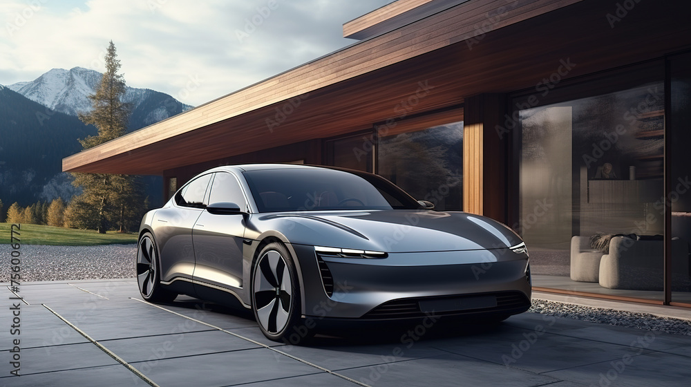 An expensive sports electric car is parked in front of a modern house