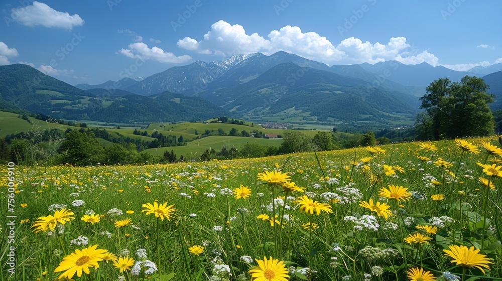 A field of yellow flowers and green grass in a valley, AI