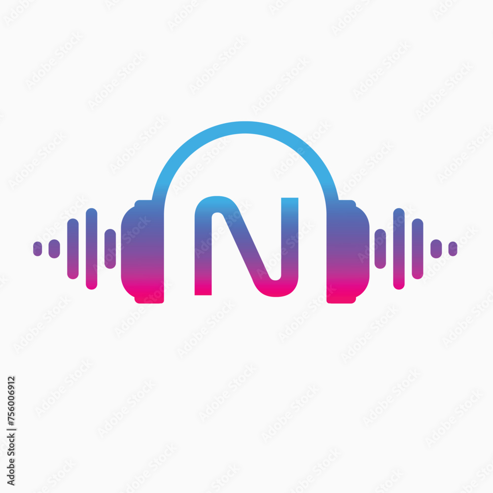 N letter Headphones with sound wave with Pulse music player element. Logo template electronic music, equalizer, store, dj, nightclub, disco. Audio wave logo concept, Abstract Shape vector