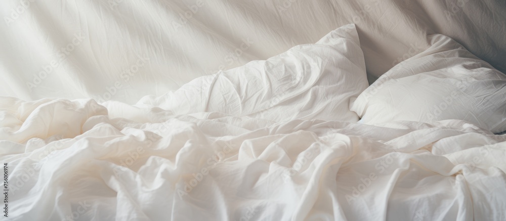 Rumpled white bedding in a bedroom.
