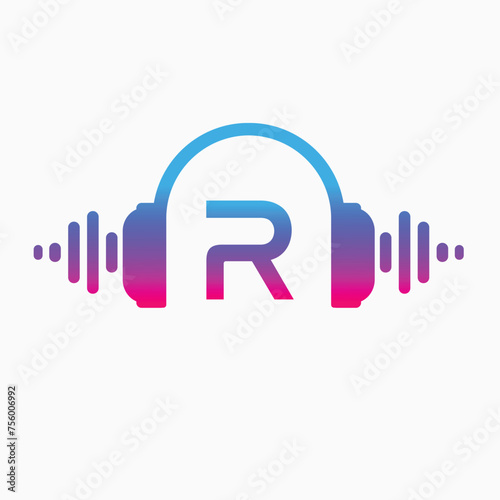 R letter Headphones with sound wave with Pulse music player element. Logo template electronic music, equalizer, store, dj, nightclub, disco. Audio wave logo concept, Abstract Shape vector