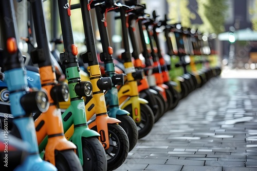 Row of Colorful Electric Scooters Lined Up, To convey the trend of alternative, eco-friendly transportation in urban environments photo