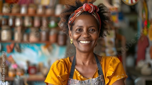 Smiling African Woman in Market, To showcase the beauty and culture of Africa through the friendly and welcoming demeanor of a local market vendor