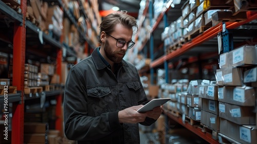 Warehouse Worker Utilizing Digital Tools for Inventory Management, To showcase the integration of technology and automation in modern warehouse and