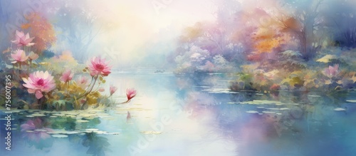 A serene natural landscape painting featuring colorful flowers floating on a pond under a clear sky with fluffy clouds  surrounded by lush green grass