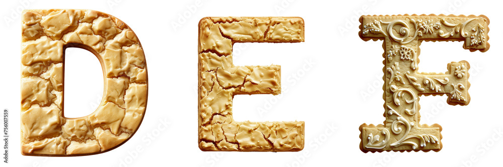 Butter Cookie Letters D, E, F Isolated on Transparent or White Background, PNG Butter Cookie Letters D, E, F Isolated on Transparent or White Background, PNG