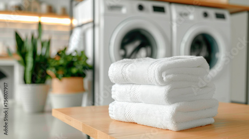 A stack of folded clean white towels on the table against the background of washing machines, laundry room with copy space