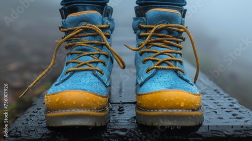 A person wearing blue and yellow boots standing on a wooden platform, AI